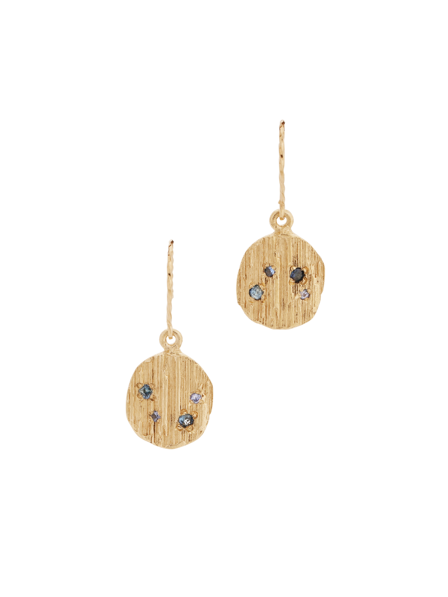 Picture of gold bark drop earrings with sapphires