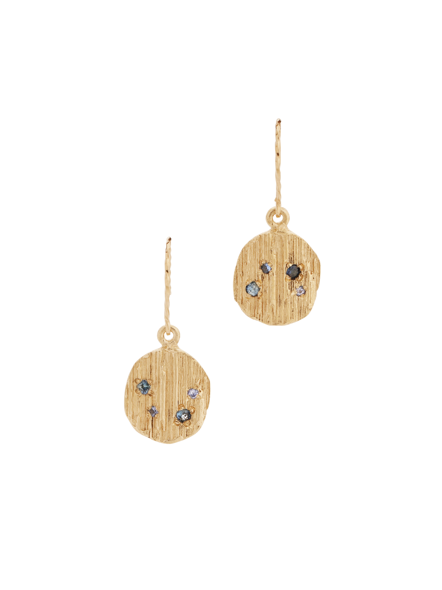 Picture of gold bark drop earrings with sapphires