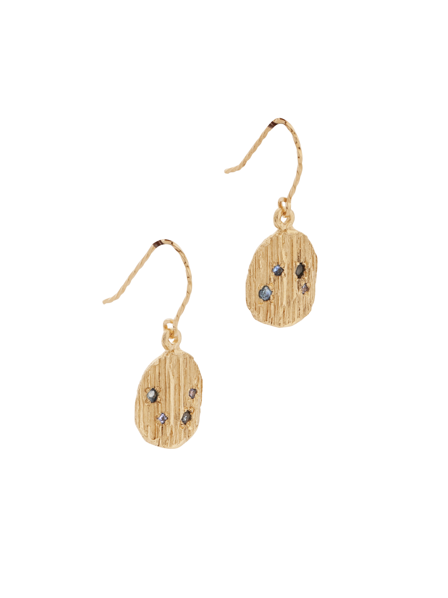 Side view of gold Bark earrings with 8 blue wave sapphires