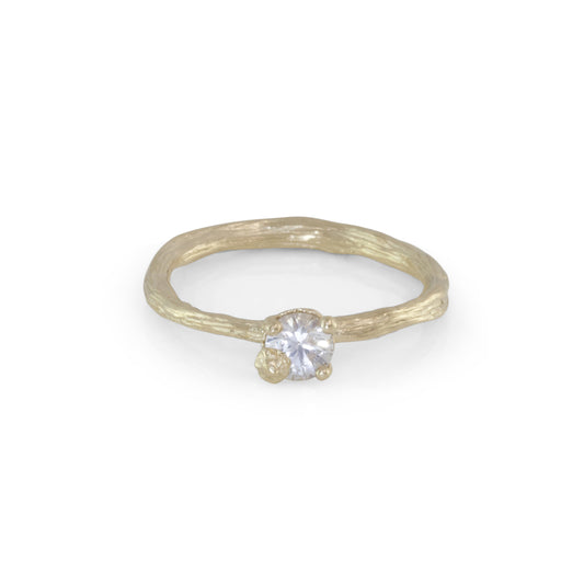 gold organic textured ring with cast berry on top of a white sapphire. Nice alternative to a diamond solitaire ring. Perfect alternative engagement ring.