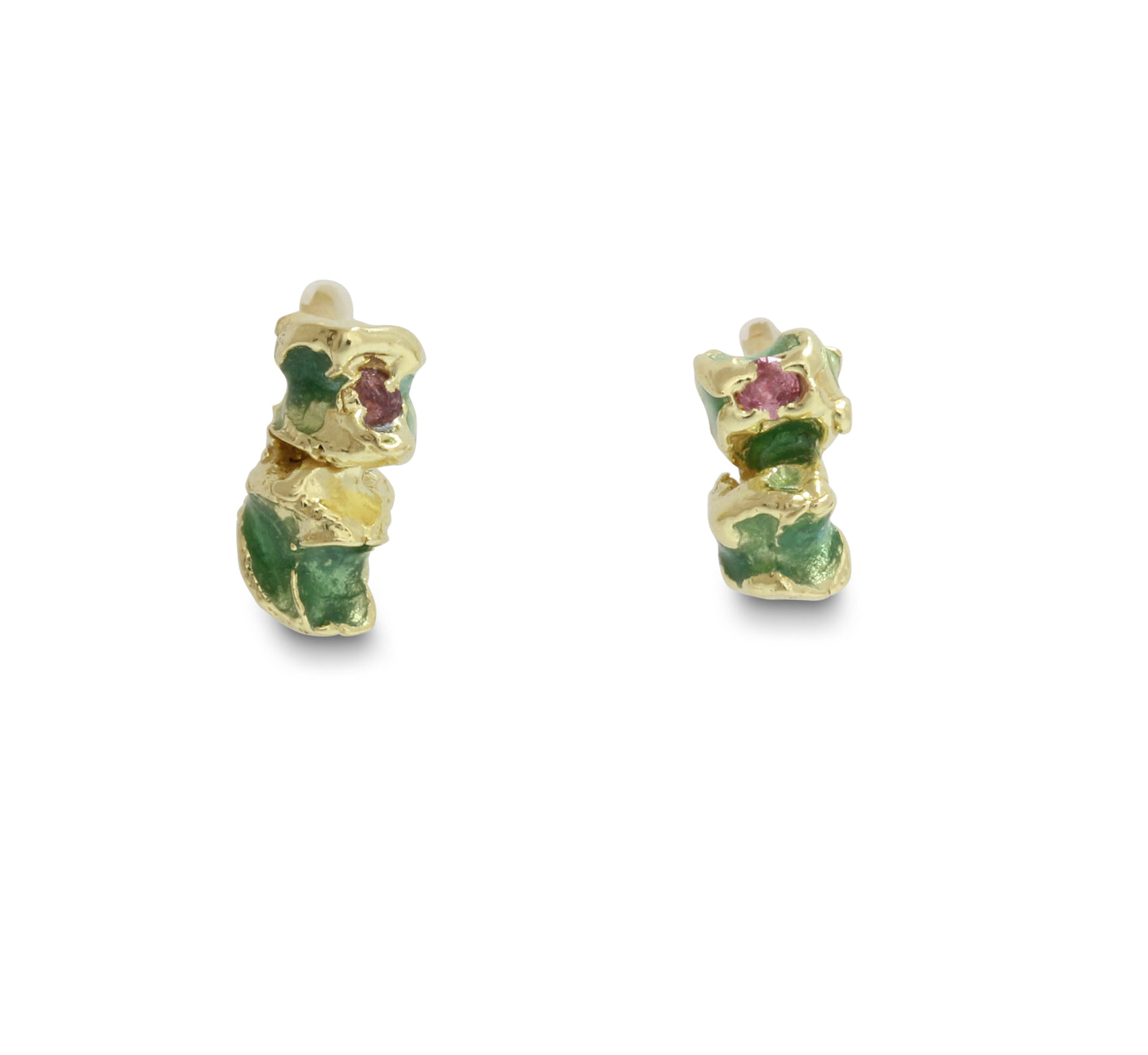 A pair of 18 carat yellow gold earrings in green enamel and pink sapphires. stacking earrings for your ear lobe.