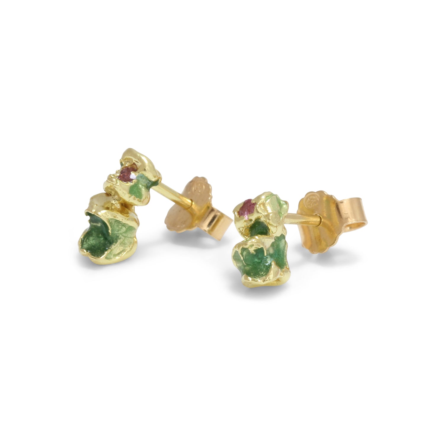 A pair of 18 carat yellow gold earrings in green enamel and pink sapphires. stacking earrings for your ear lobe. Side view of the earrings showing stud fastening.