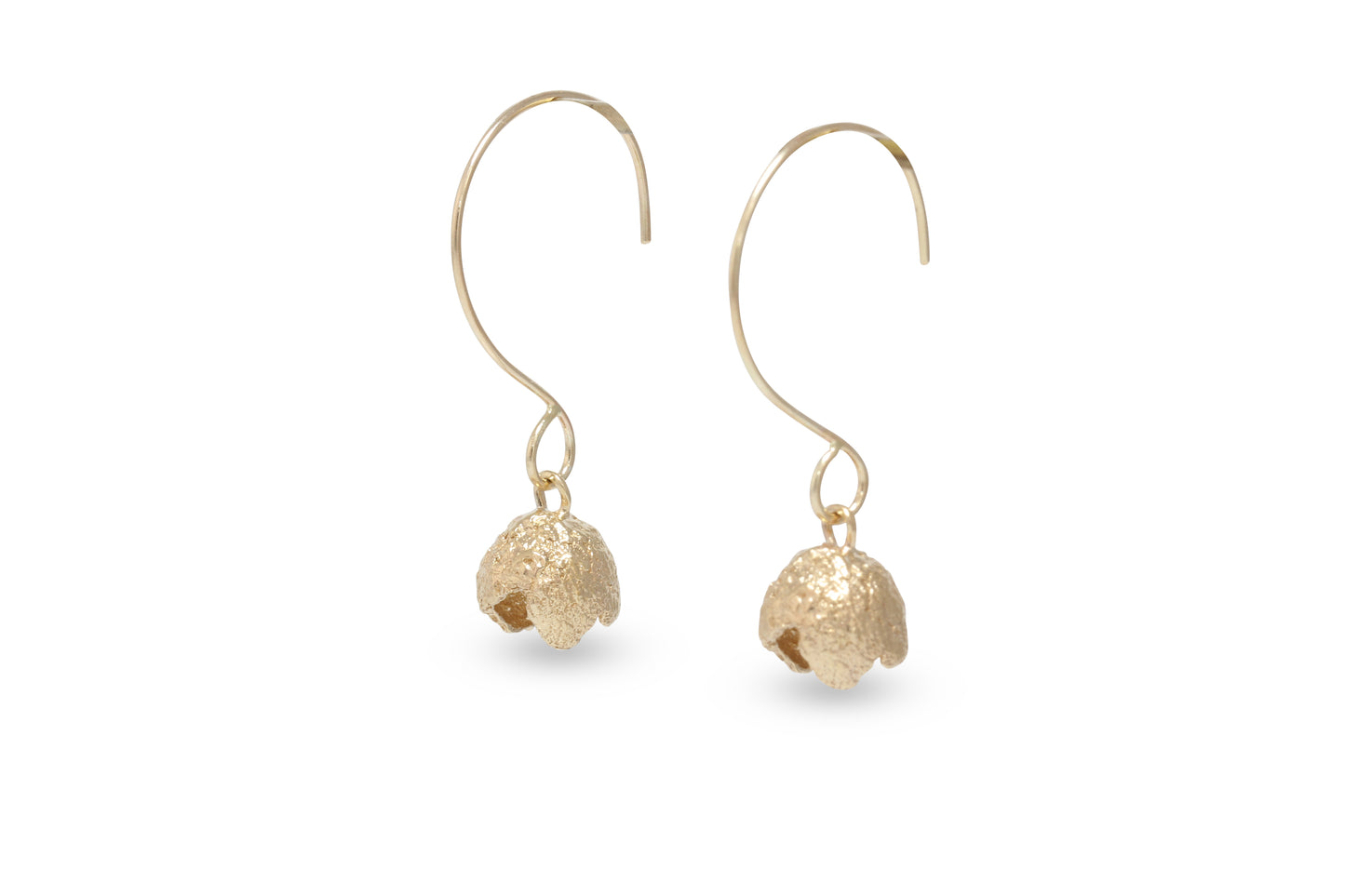 Handmade earrings cast from acorns into solid gold hanging from wire hoops.