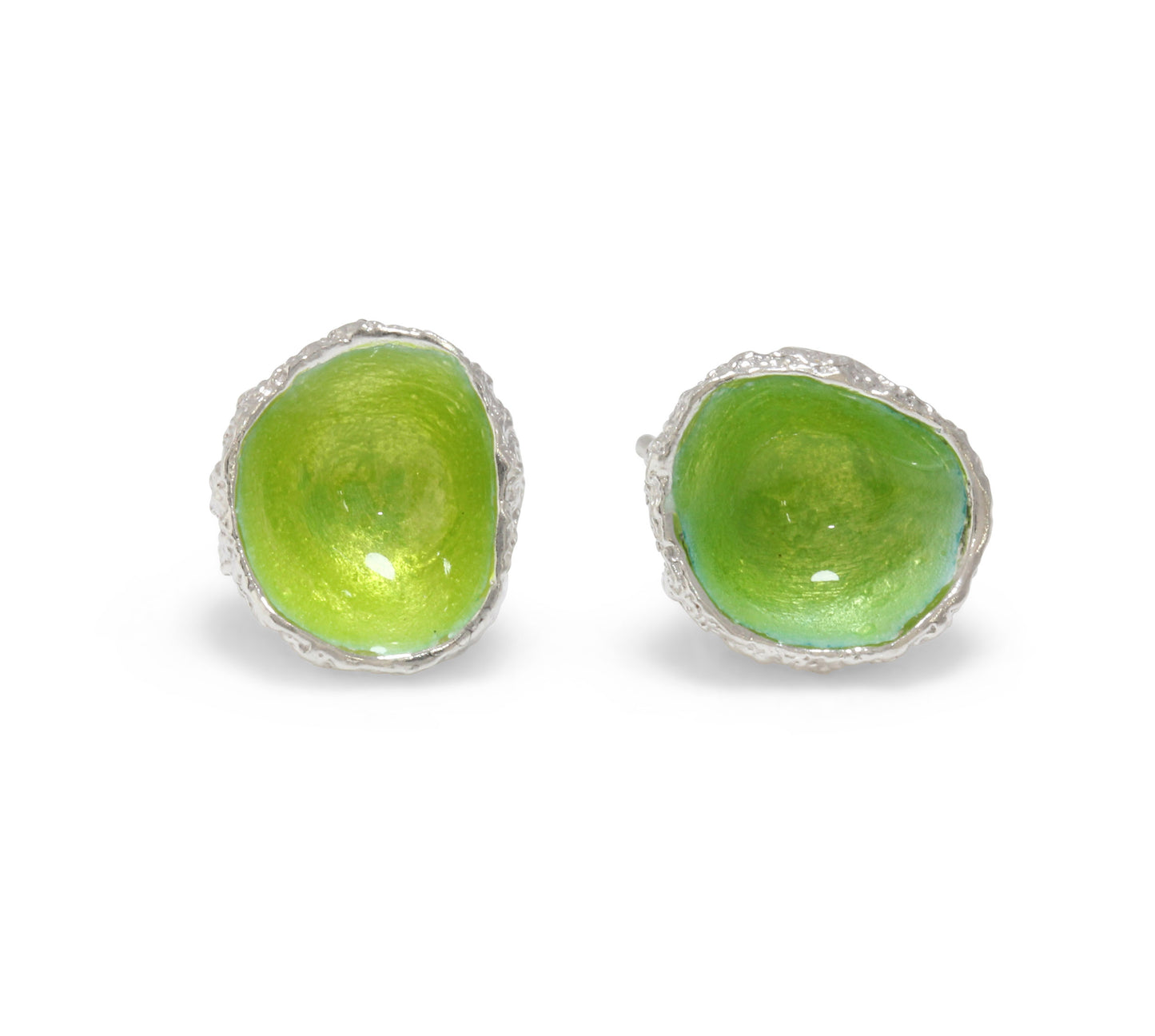 Earrings cast from little acorns into silver. Enamelled with vivid lime green enamel like glow worms