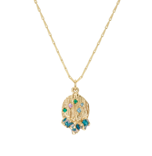 Textured gold pendant with green enamel and coloured sapphires. Handmade by irish jeweller in Bristol..