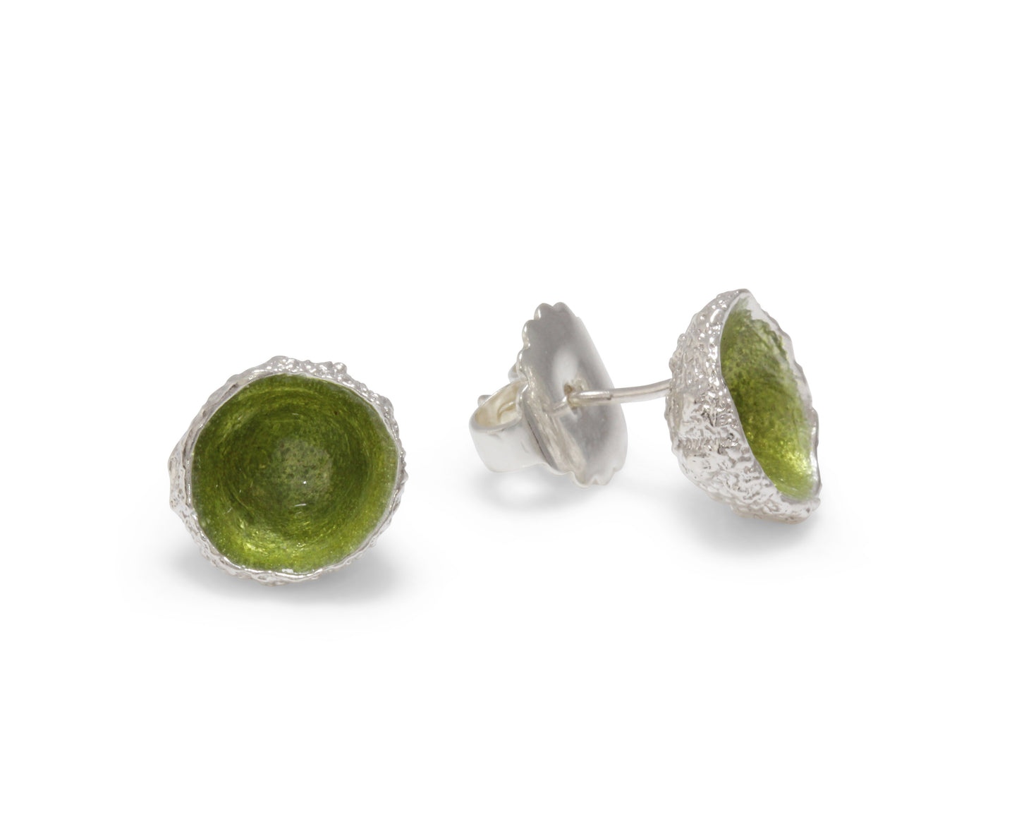 Earrings cast from little acorns into silver. Enamelled with olive green enamel like river weed
