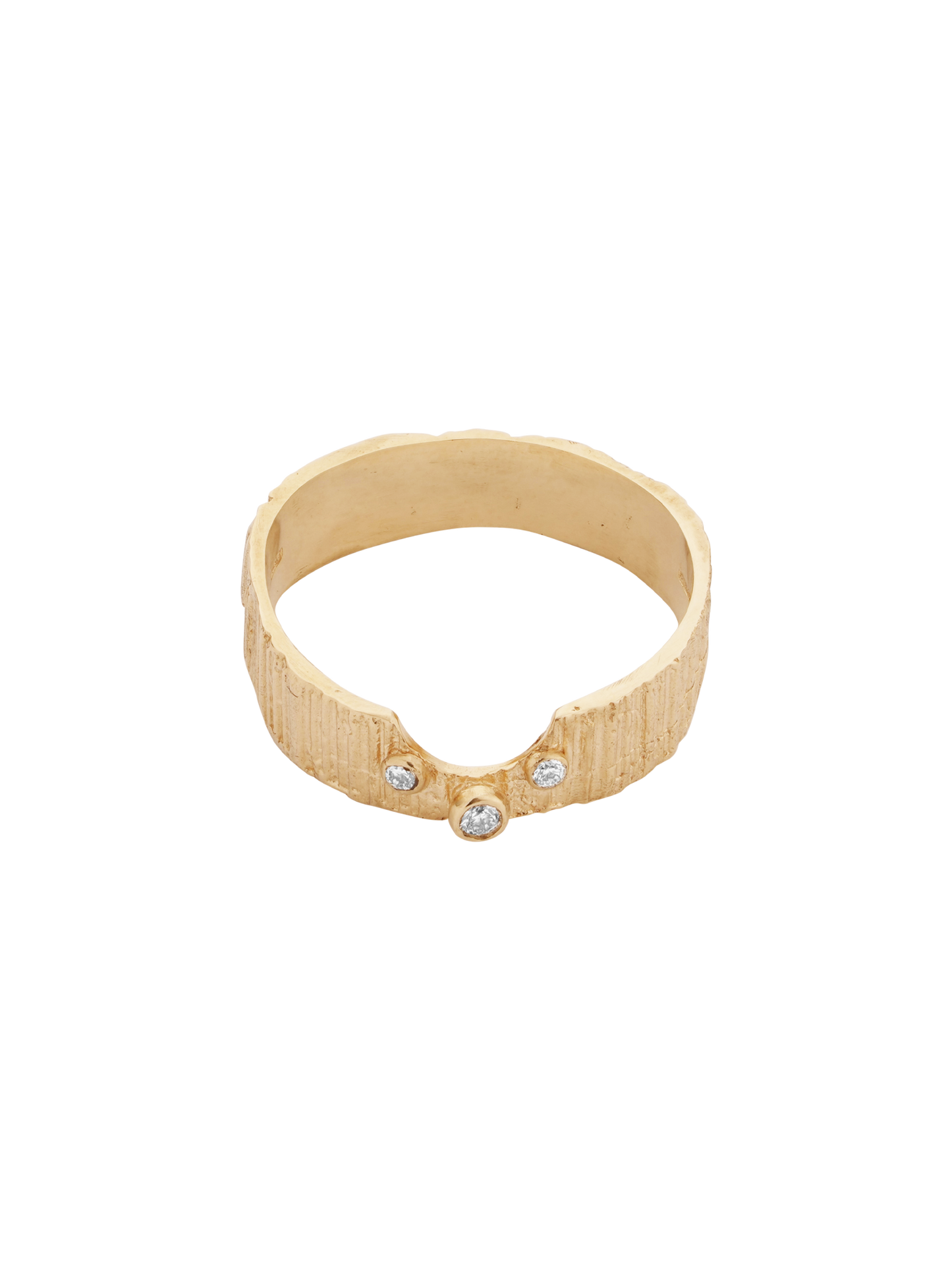 Picture of a textured wedding band with three diamonds set in middle. U shape groove in ring to fit with other rings. Top view