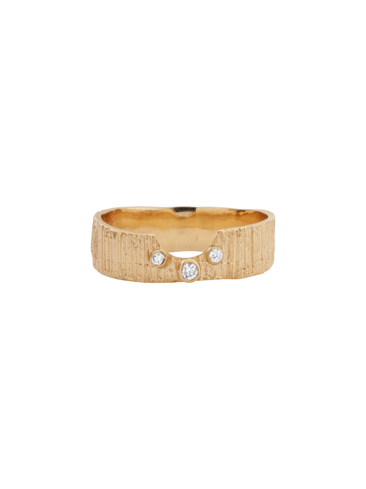 Picture of a textured wedding band with three diamonds set in middle. U shape groove in ring to fit with other rings.