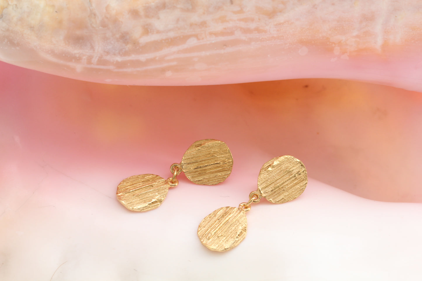 Picture of gold earrings in a shell