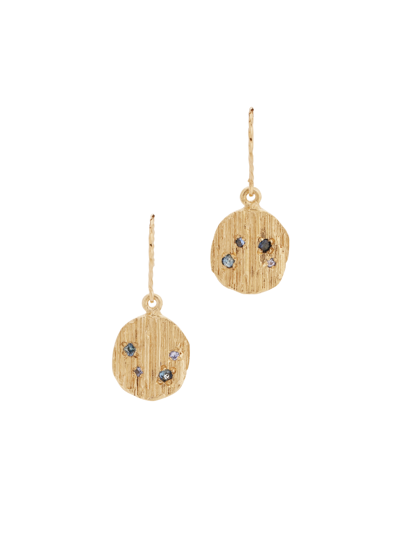 Picture of gold bark earrings with sapphires 