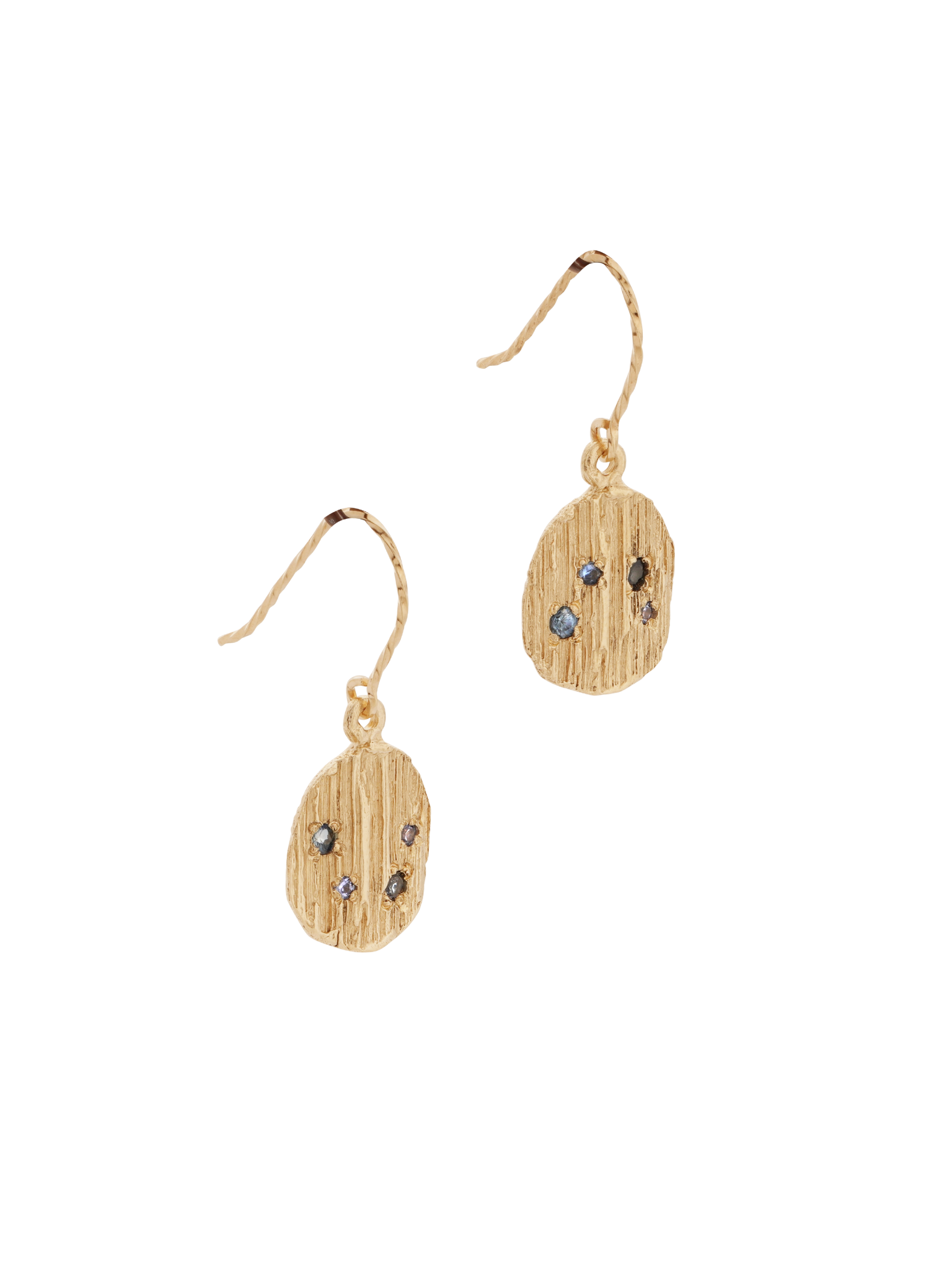 Side view of gold Bark earrings with 8 blue wave sapphires