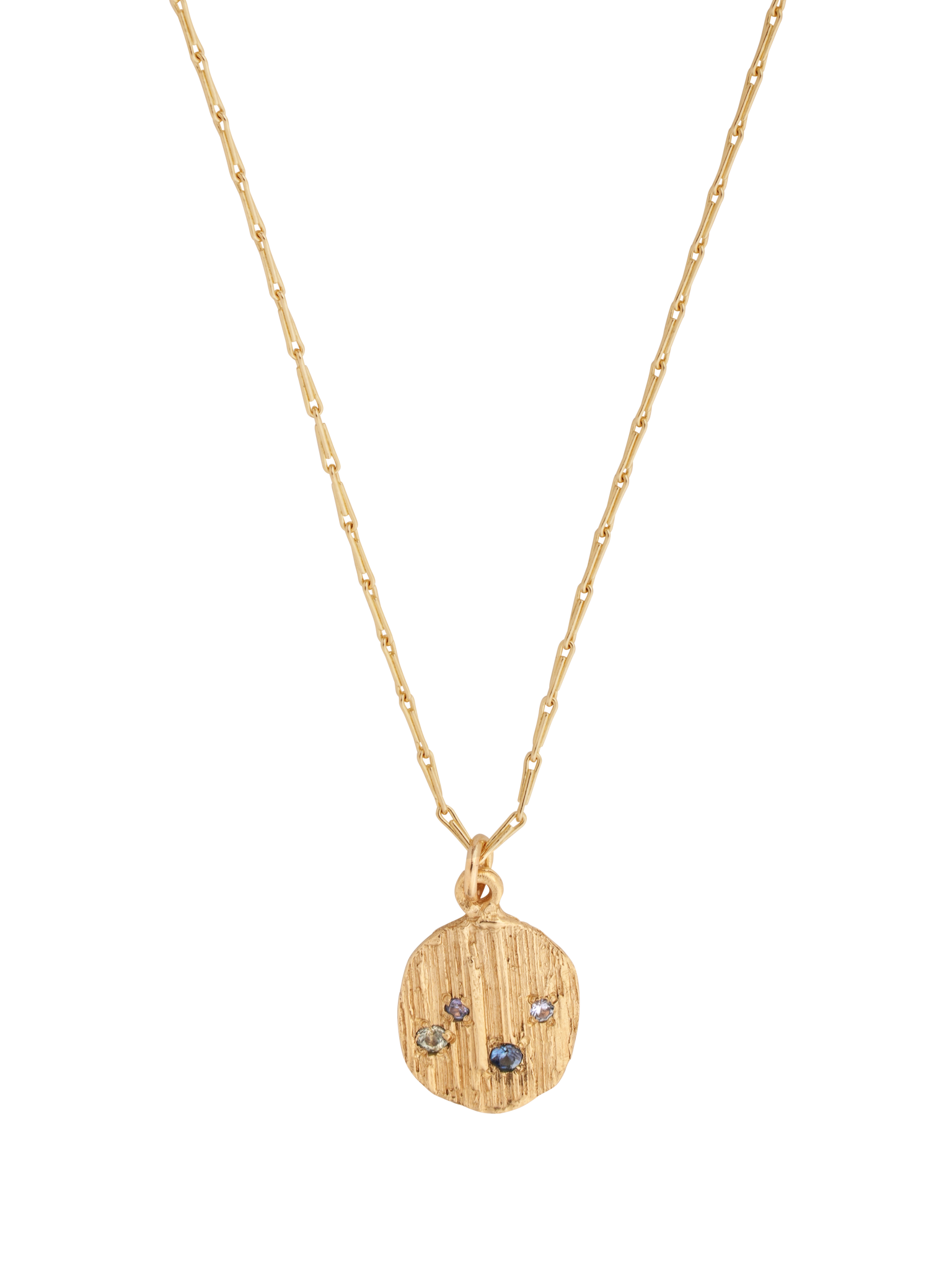 Picture of gold necklace with textured pendant set with 4 blue sapphires. 