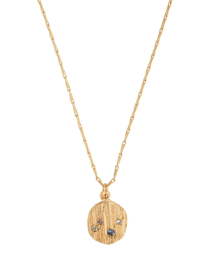 Picture of gold necklace with textured pendant set with 4 blue sapphires. 