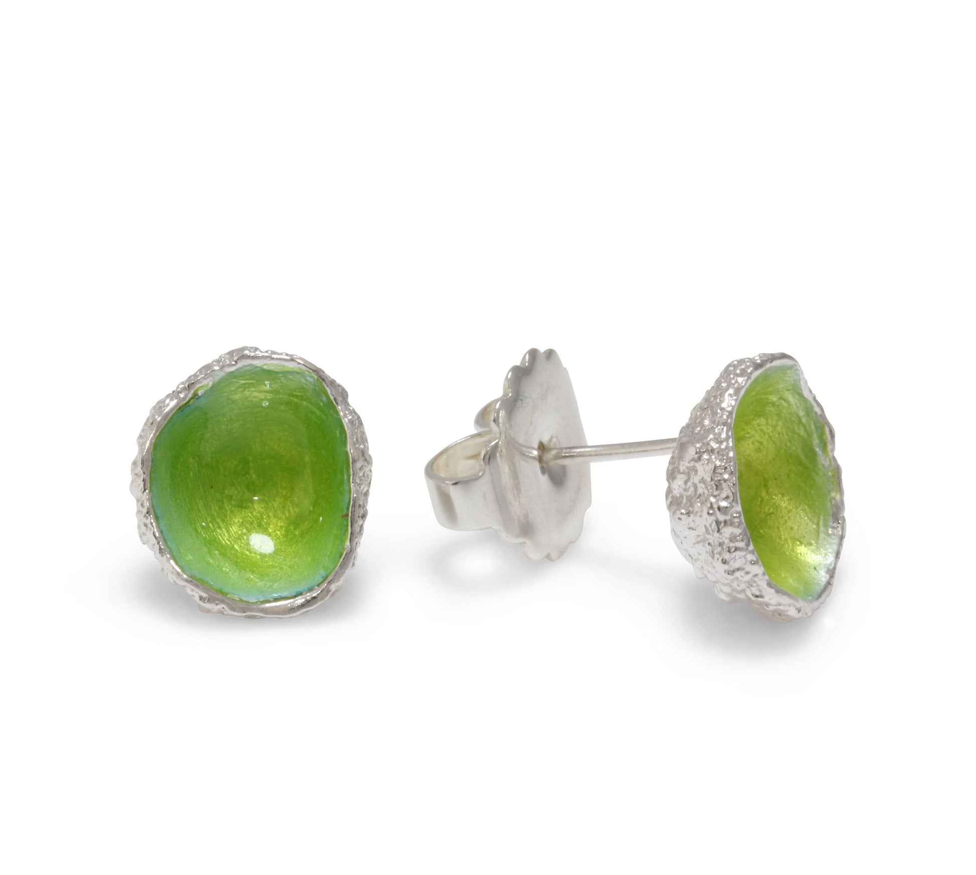 Earrings cast from little acorns into silver showing stud fastening. Enamelled with lime green enamel like glow worms 
