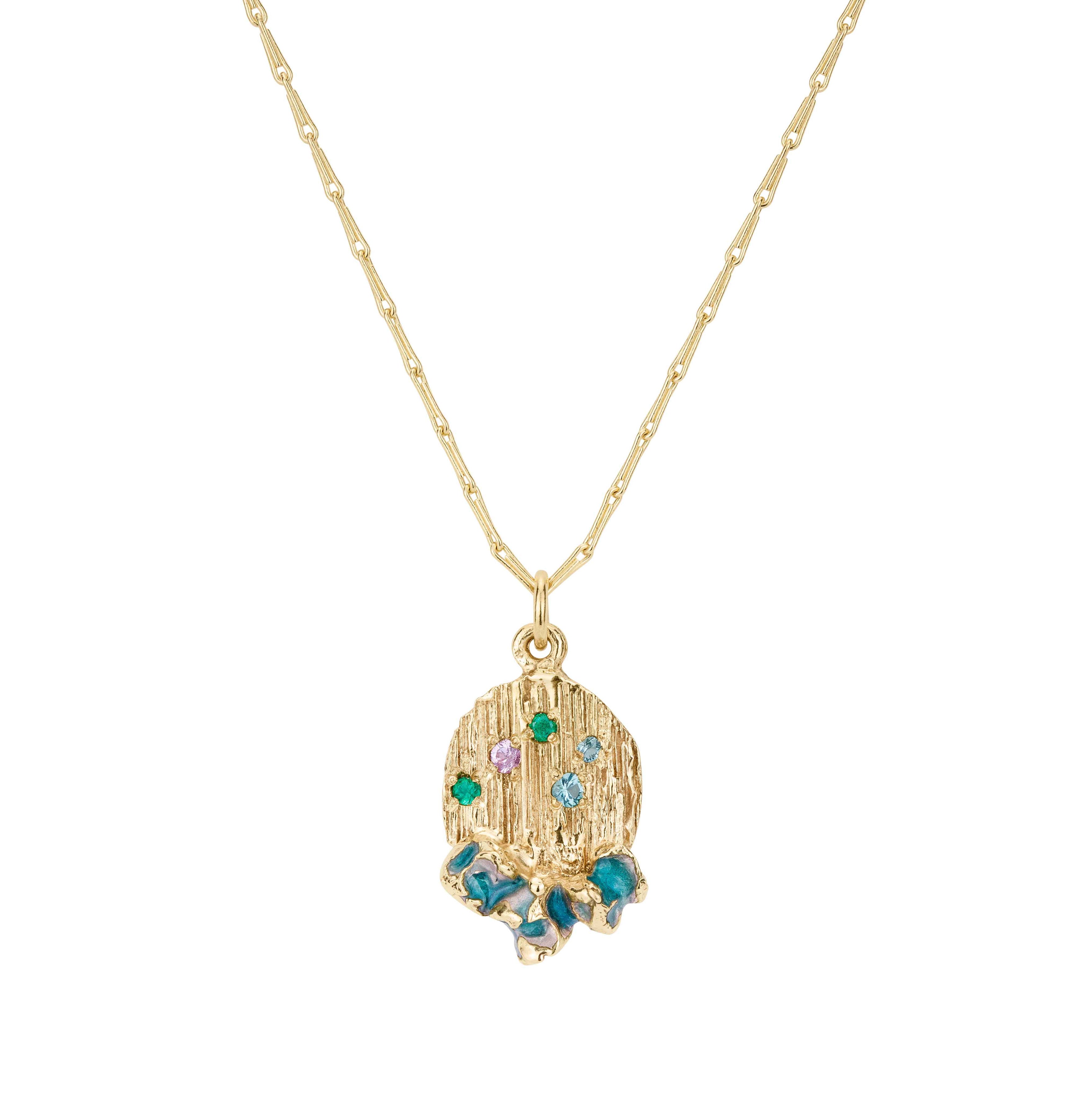 Textured gold pendant with green enamel and coloured sapphires. Handmade by irish jeweller in Bristol.. 