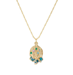 Textured gold pendant with green enamel and coloured sapphires. Handmade by irish jeweller in Bristol.. 