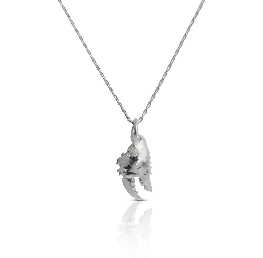 Handmade silver necklace with cast spikey crab claw pendant on the end. 