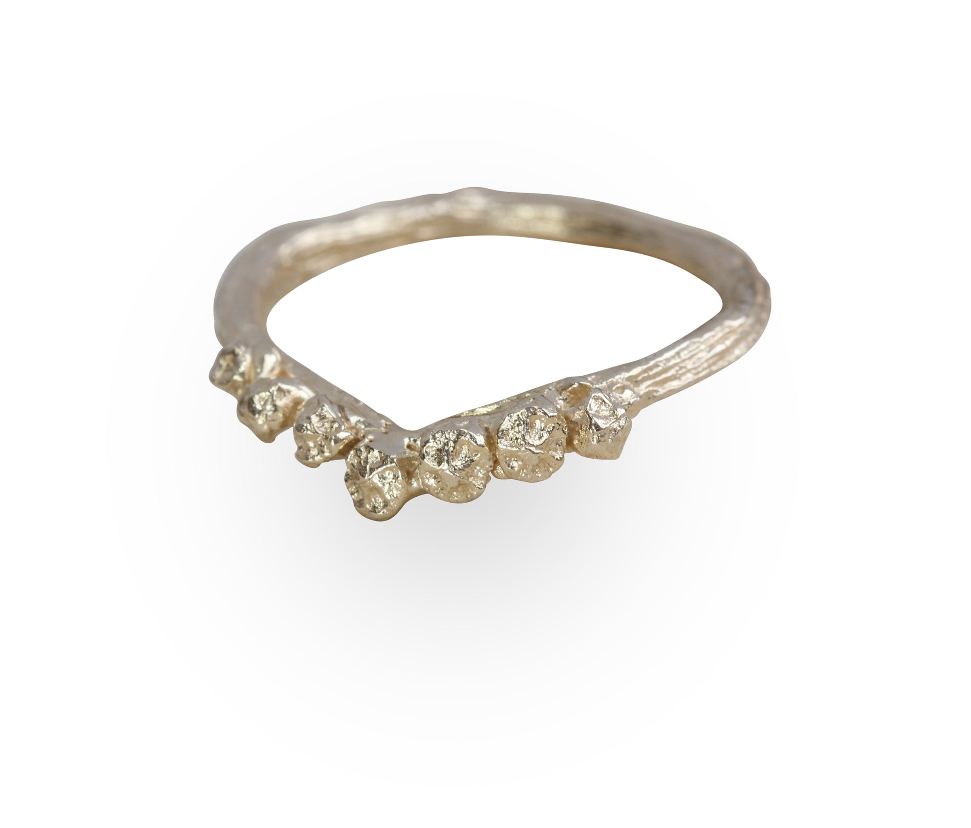 Chevron V shape gold wedding ring cast from twigs and berries. 