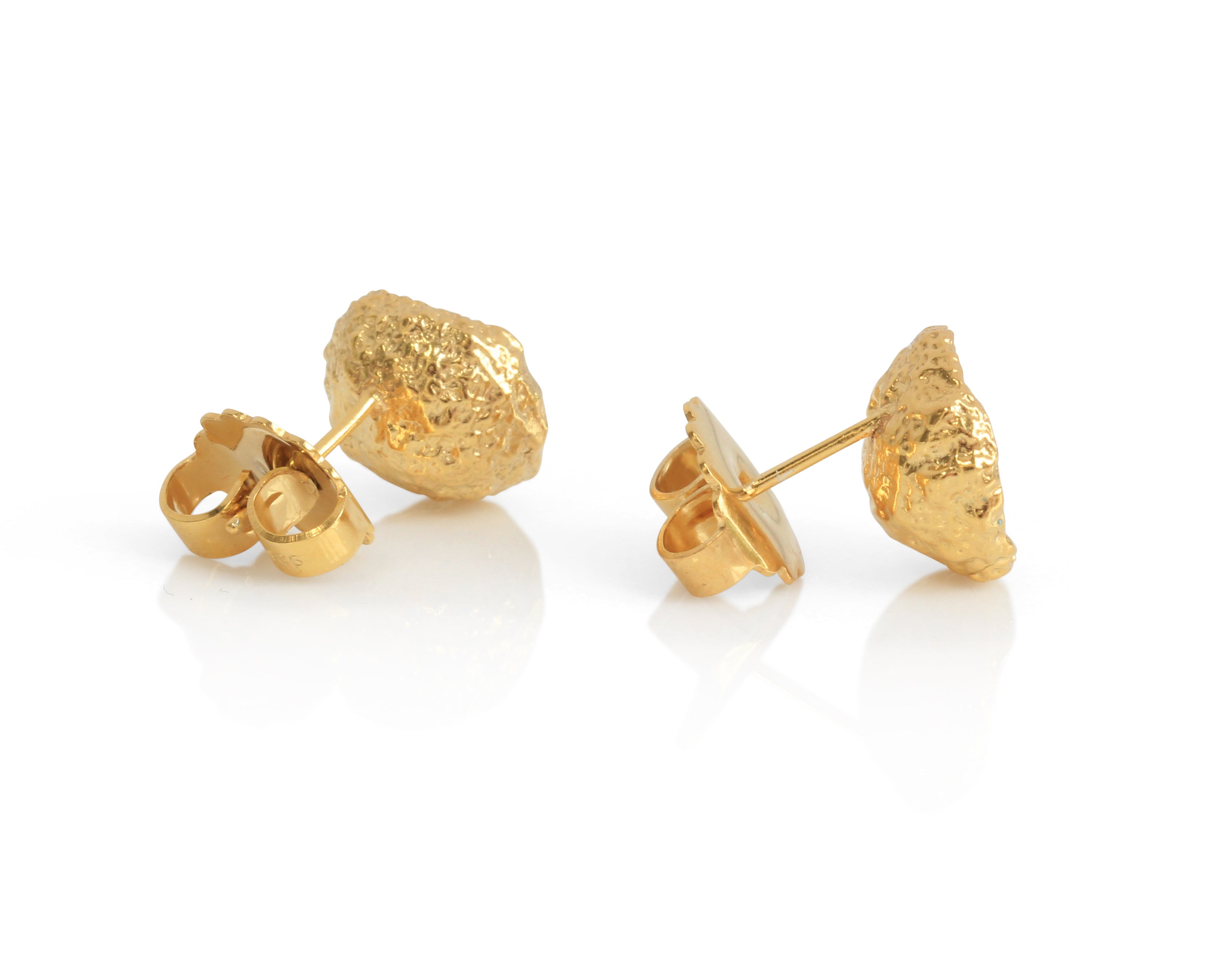 Showing the back of acorn enamel studs in cast silver, 18 carat yellow gold plating and large earring fasteners