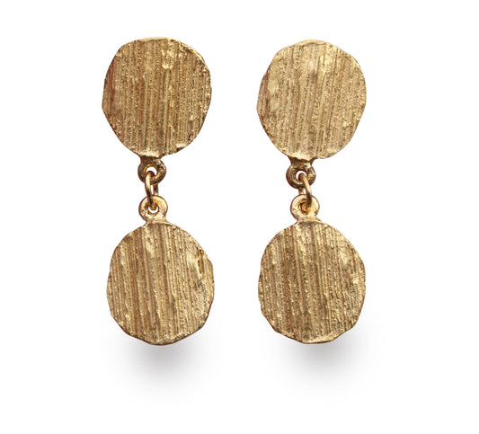 Textured gold plated earrings that hang on earrings like drops. 
